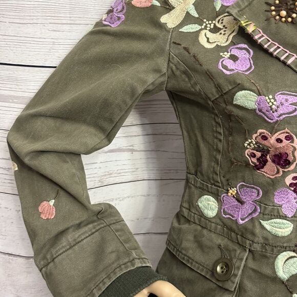 Rebbeca Thomson Embroidered Floral Jacket Medium Olive Green Unique Boho Casual - Picture 5 of 11